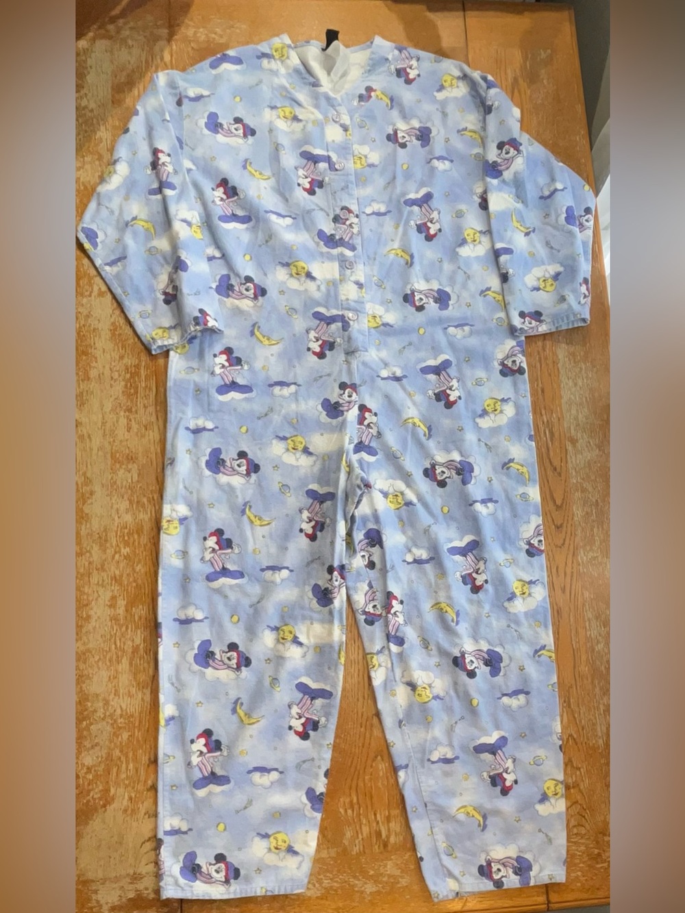 Vintage 90s Mickey Unlimited Flannel One Piece Pajamas Size Large Blue